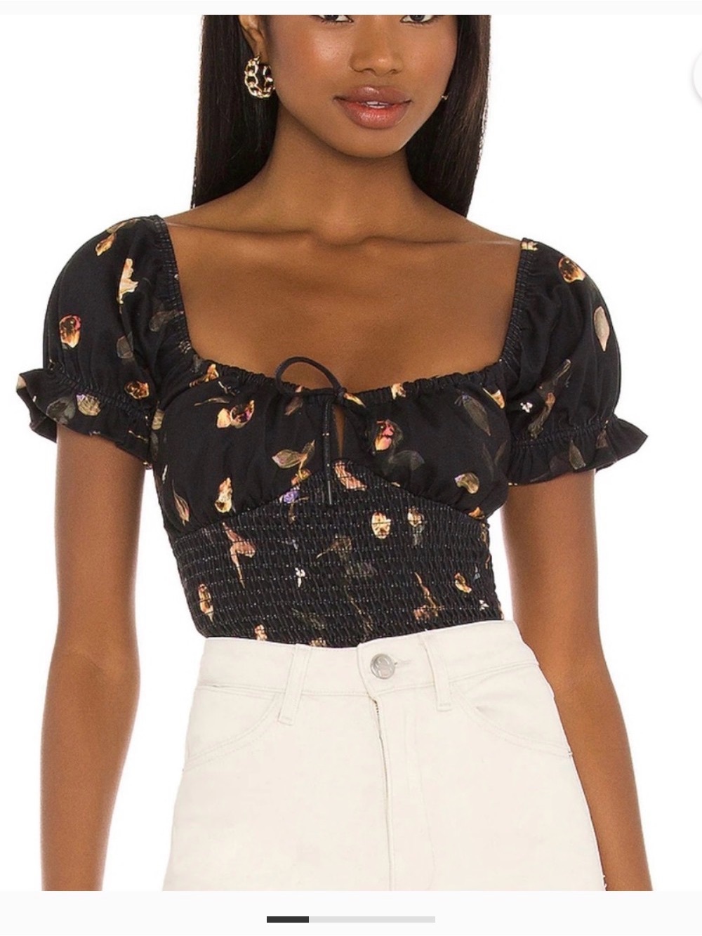 All Saints Black Floral Smocked Puff-Sleeve Top
